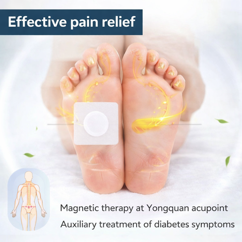Magnetic therapy device on feet with 'Effective pain relief' text and acupoint illustration.